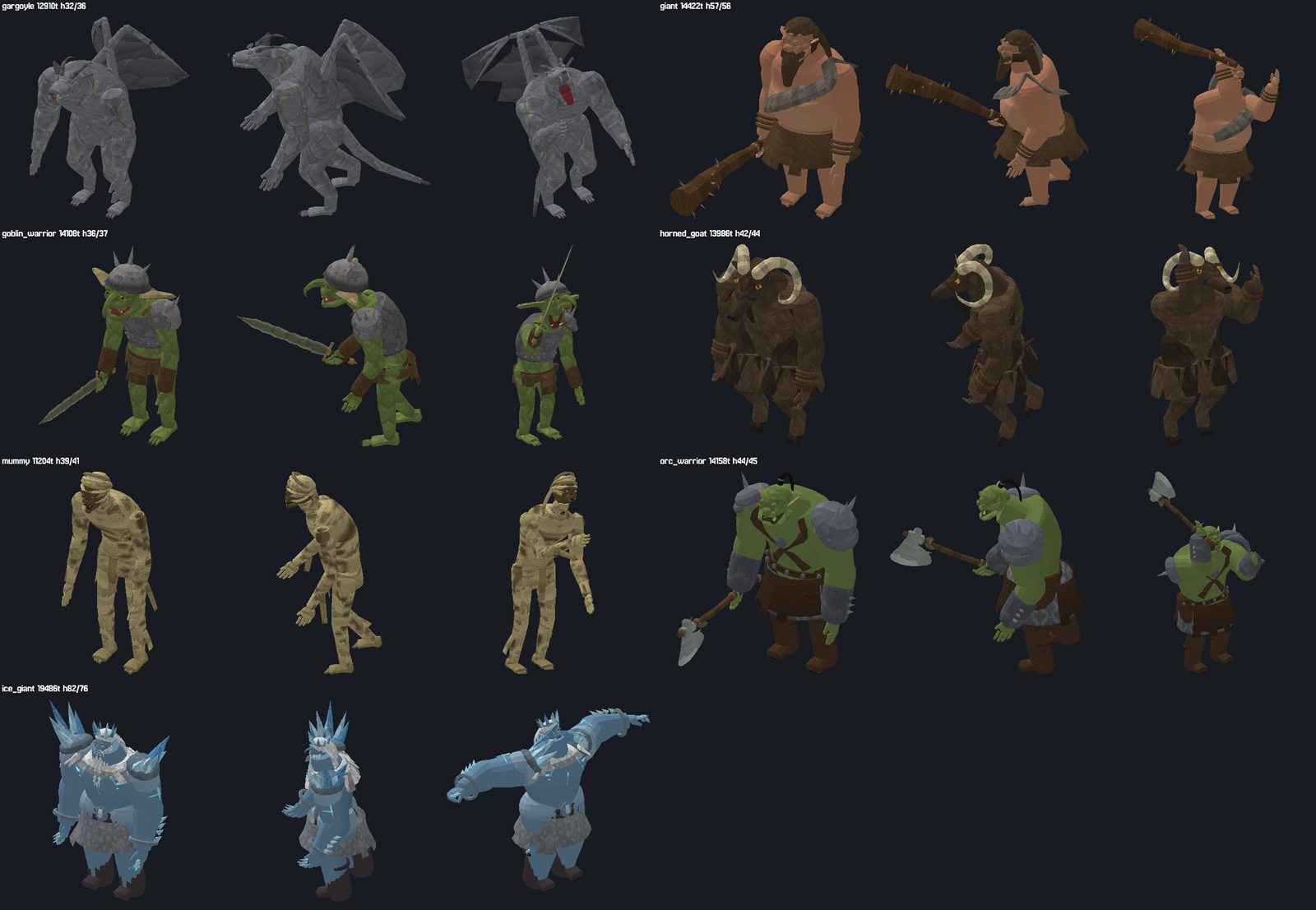 Humanoid enemies: gargoyle, giant, goblin warrior, horned goat, mummy, orc warrior, ice giant