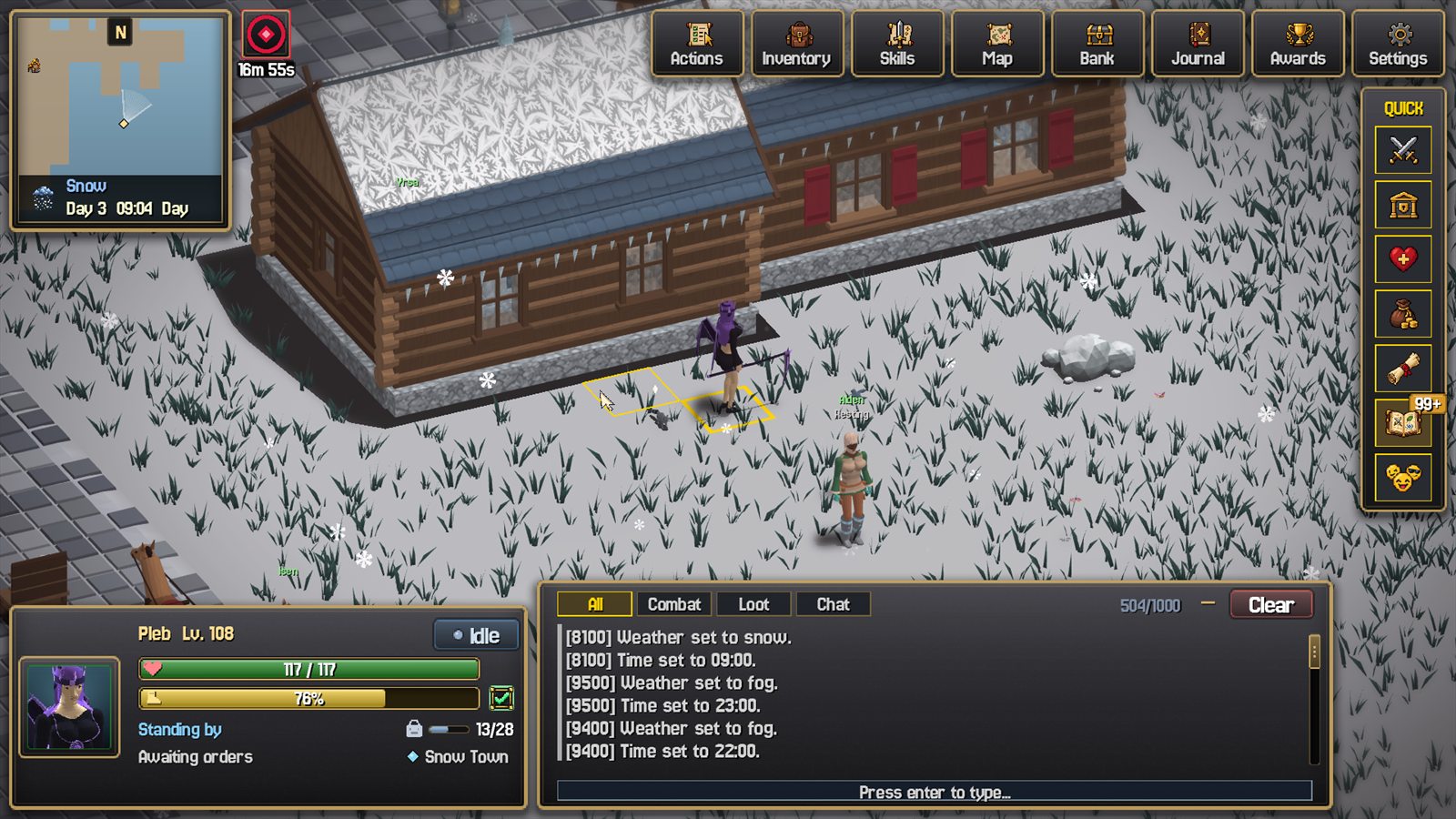 Snow Town lodge in falling snow