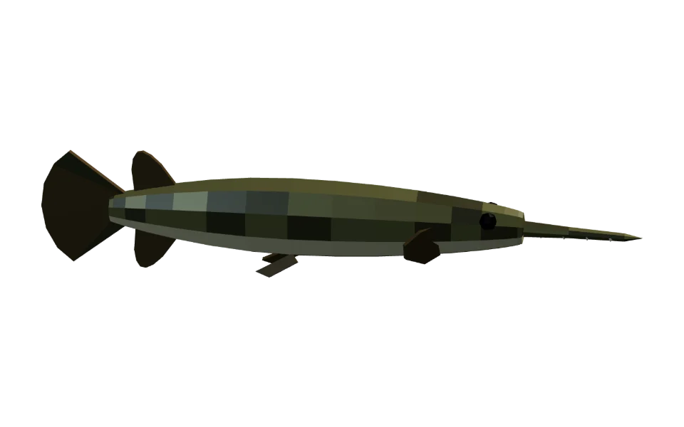 The Alligator Gar in Elderwild Fishing, a low-poly 3D model seen from the side