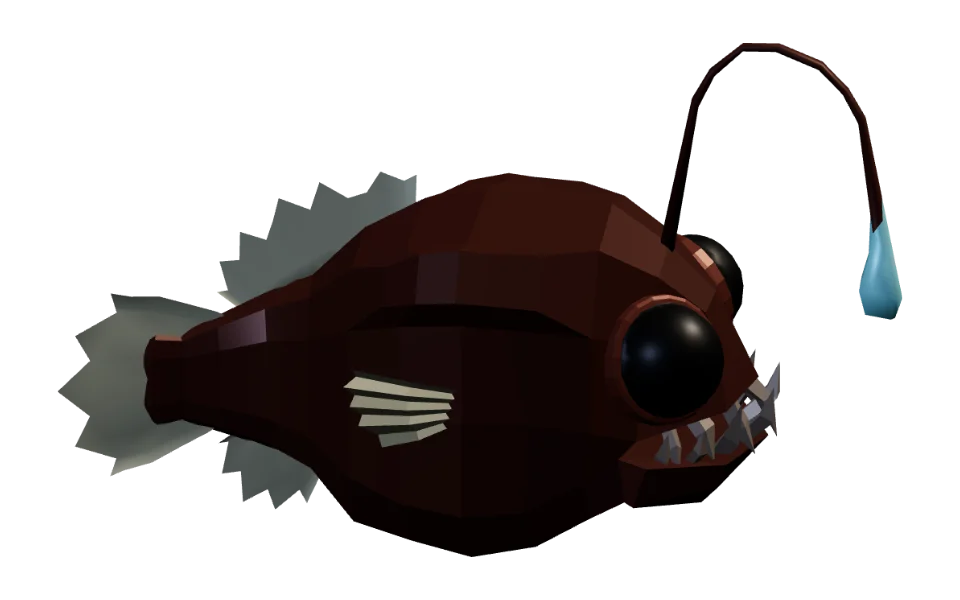 The Anglerfish in Elderwild Fishing, a low-poly 3D model seen from the side