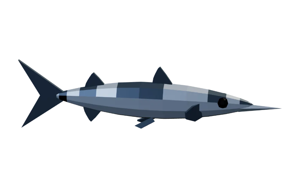 The Barracuda in Elderwild Fishing, a low-poly 3D model seen from the side