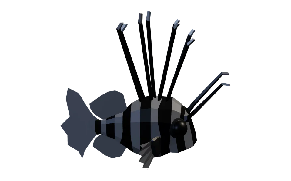 The Black Lionfish in Elderwild Fishing, a low-poly 3D model seen from the side