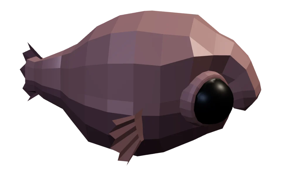 The Blobfish in Elderwild Fishing, a low-poly 3D model seen from the side