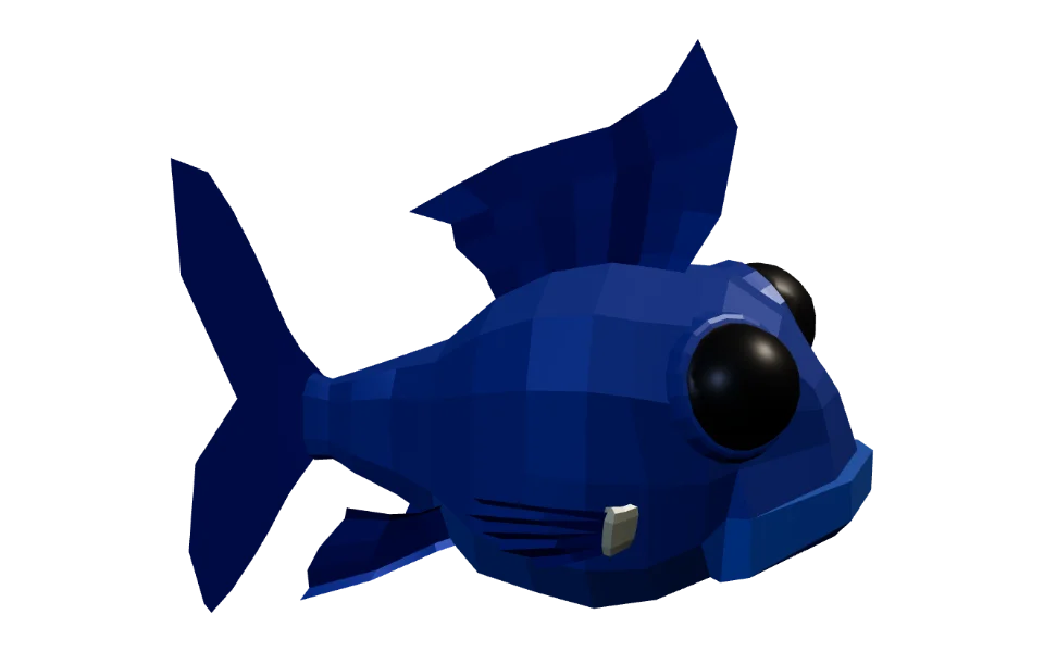 The Blue Goldfish in Elderwild Fishing, a low-poly 3D model seen from the side