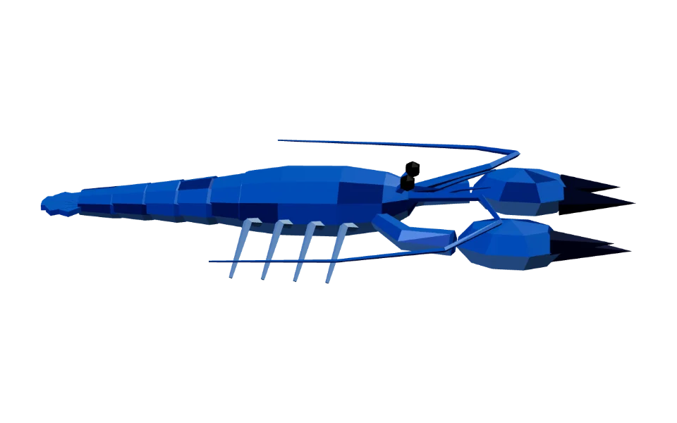 The Blue Lobster in Elderwild Fishing, a low-poly 3D model seen from the side