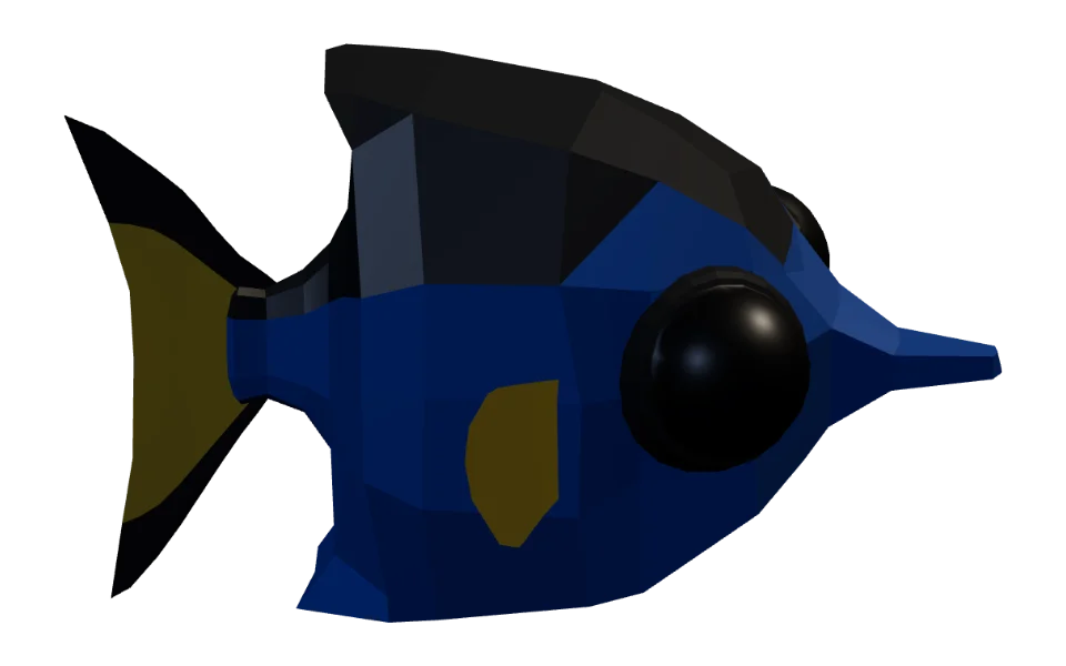 The Blue Tang in Elderwild Fishing, a low-poly 3D model seen from the side