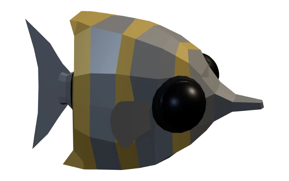 The Butterfly Fish in Elderwild Fishing, a low-poly 3D model seen from the side