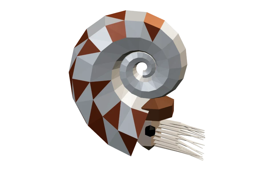 The Chambered Nautilus in Elderwild Fishing, a low-poly 3D model seen from the side