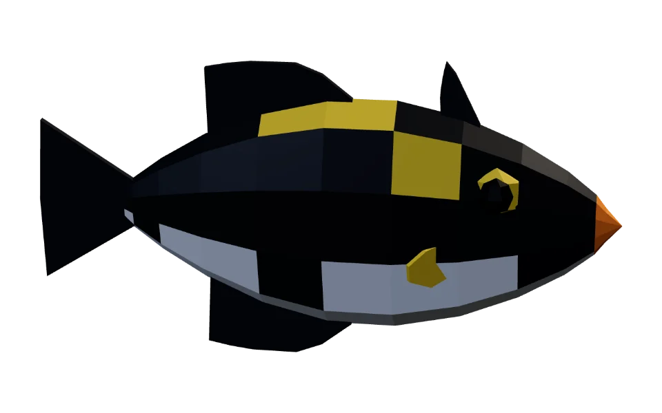 The Clown Triggerfish in Elderwild Fishing, a low-poly 3D model seen from the side