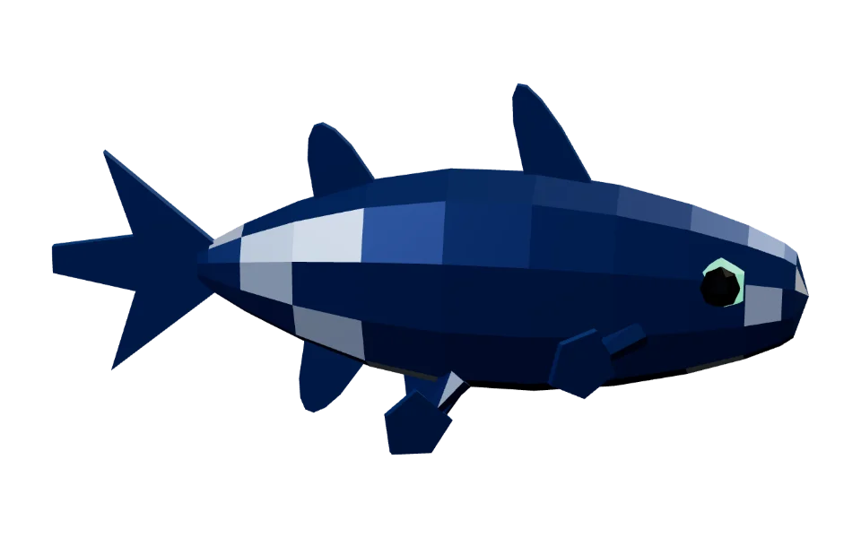 The Coelacanth in Elderwild Fishing, a low-poly 3D model seen from the side