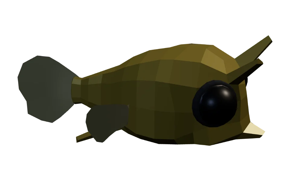 The Cowfish in Elderwild Fishing, a low-poly 3D model seen from the side