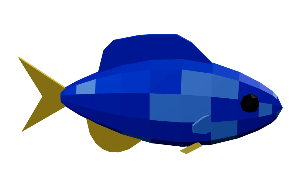 The Damselfish in Elderwild Fishing, a low-poly 3D model seen from the side