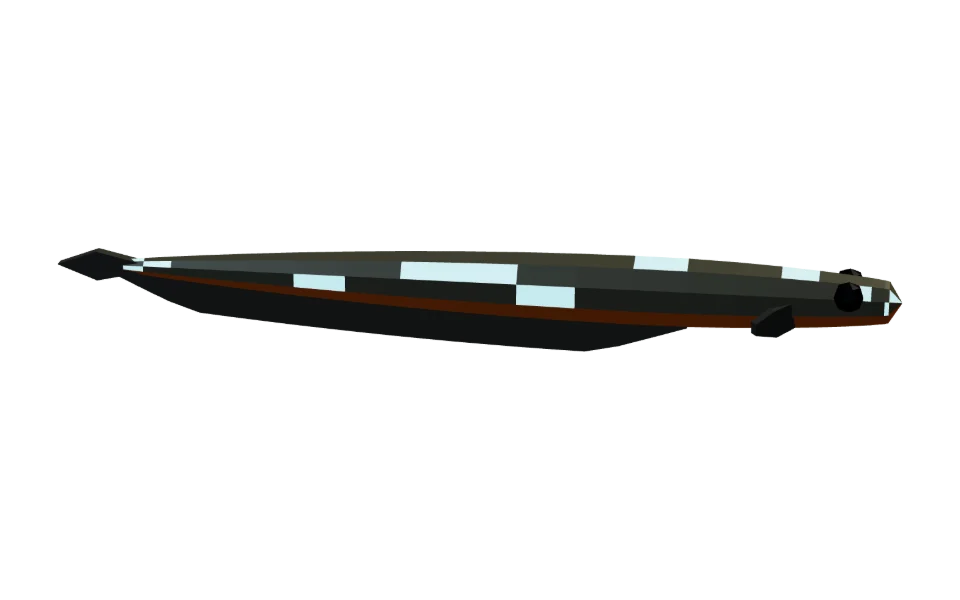 The Electric Eel in Elderwild Fishing, a low-poly 3D model seen from the side