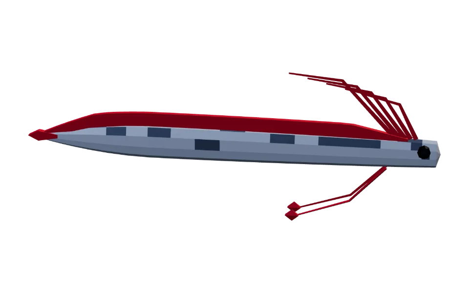 The Giant Oarfish in Elderwild Fishing, a low-poly 3D model seen from the side