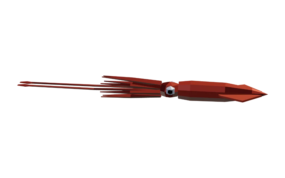 The Giant Squid in Elderwild Fishing, a low-poly 3D model seen from the side