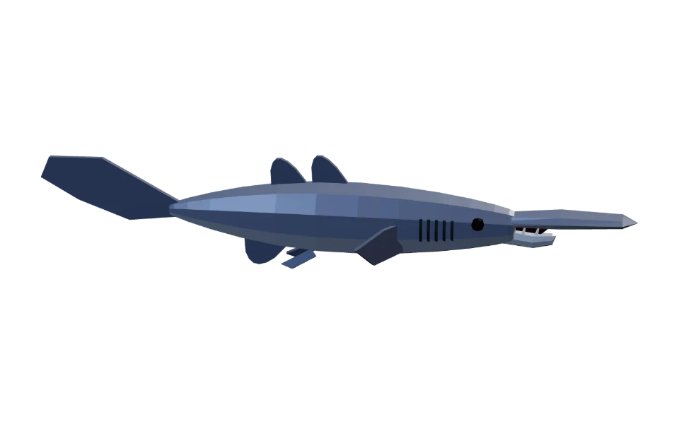 The Goblin Shark in Elderwild Fishing, a low-poly 3D model seen from the side