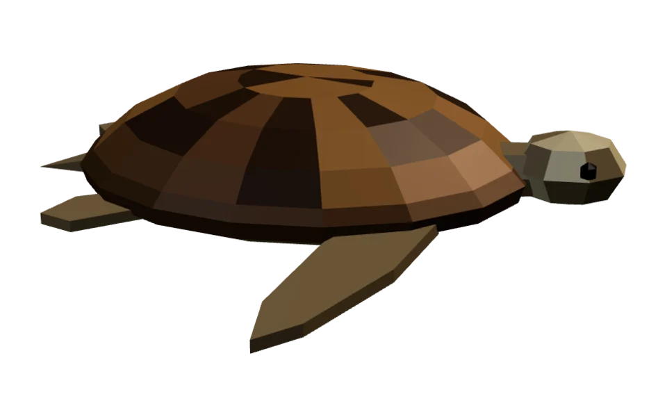 The Green Sea Turtle in Elderwild Fishing, a low-poly 3D model seen from the side
