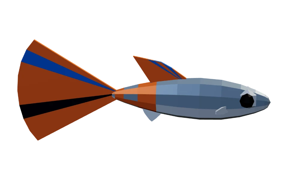 The Guppy in Elderwild Fishing, a low-poly 3D model seen from the side