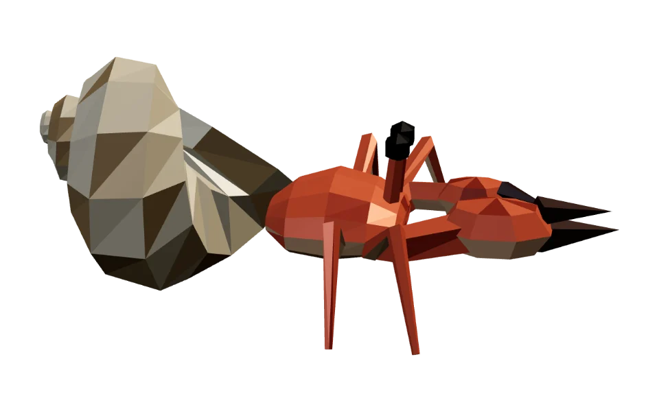 The Hermit Crab in Elderwild Fishing, a low-poly 3D model seen from the side