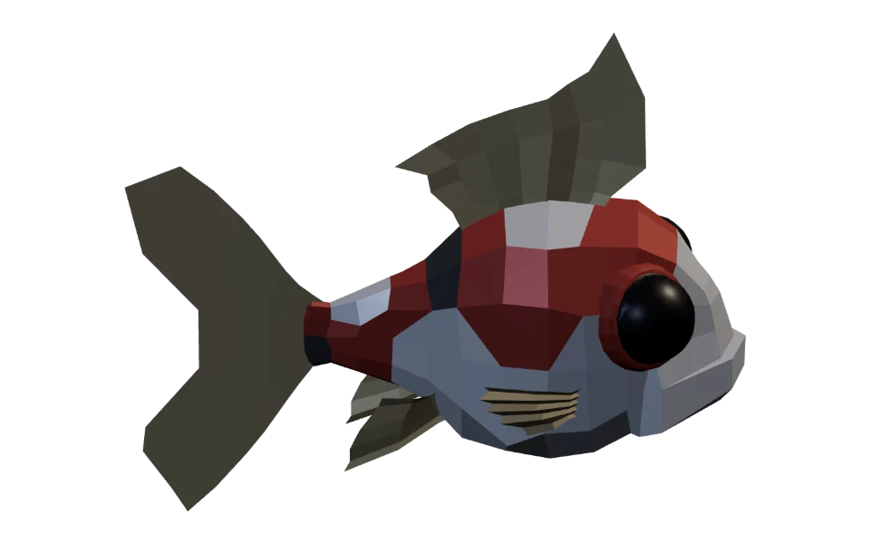The Koi in Elderwild Fishing, a low-poly 3D model seen from the side