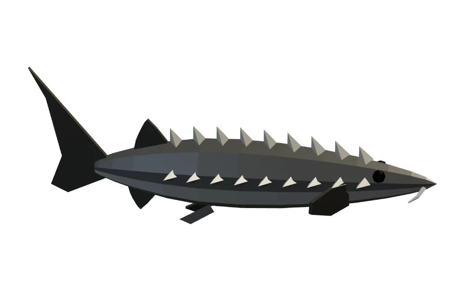 The Lake Sturgeon in Elderwild Fishing, a low-poly 3D model seen from the side
