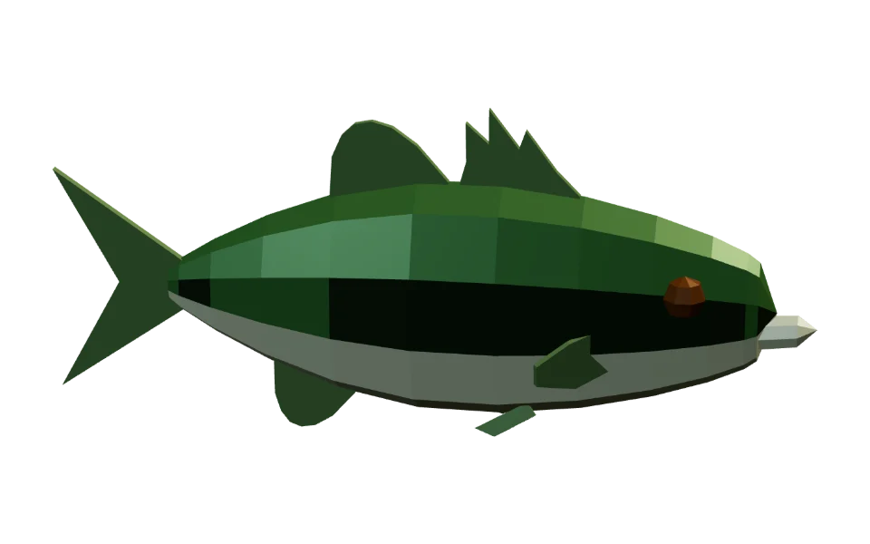 The Largemouth Bass in Elderwild Fishing, a low-poly 3D model seen from the side