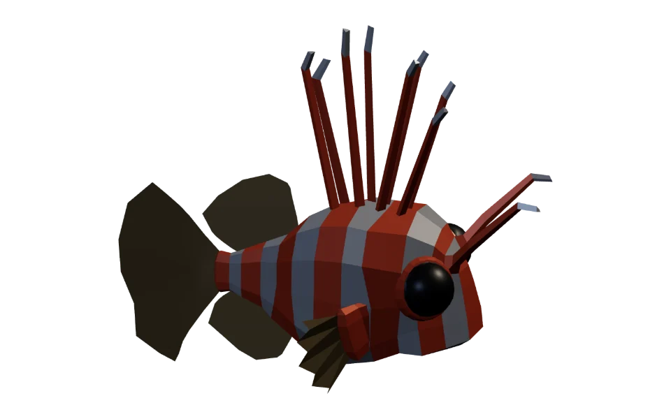 The Lionfish in Elderwild Fishing, a low-poly 3D model seen from the side