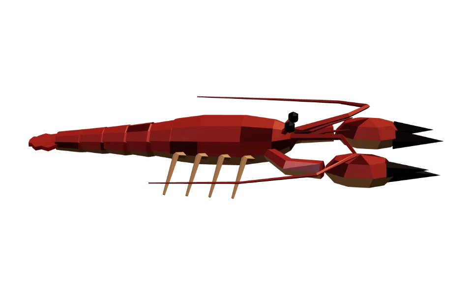 The Lobster in Elderwild Fishing, a low-poly 3D model seen from the side