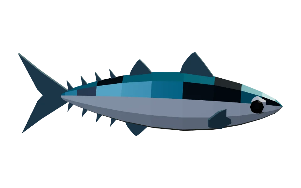The Mackerel in Elderwild Fishing, a low-poly 3D model seen from the side