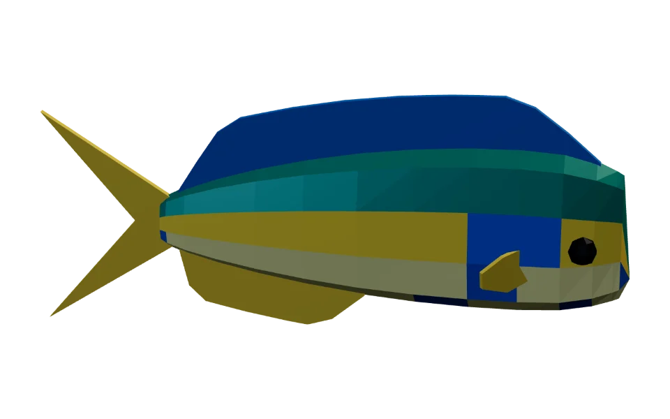 The Mahi-Mahi in Elderwild Fishing, a low-poly 3D model seen from the side