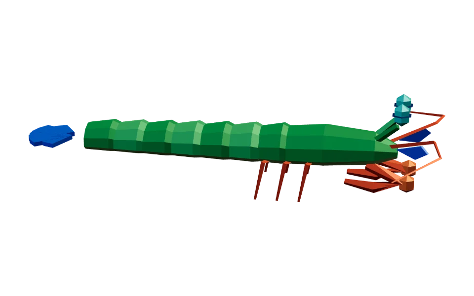 The Mantis Shrimp in Elderwild Fishing, a low-poly 3D model seen from the side