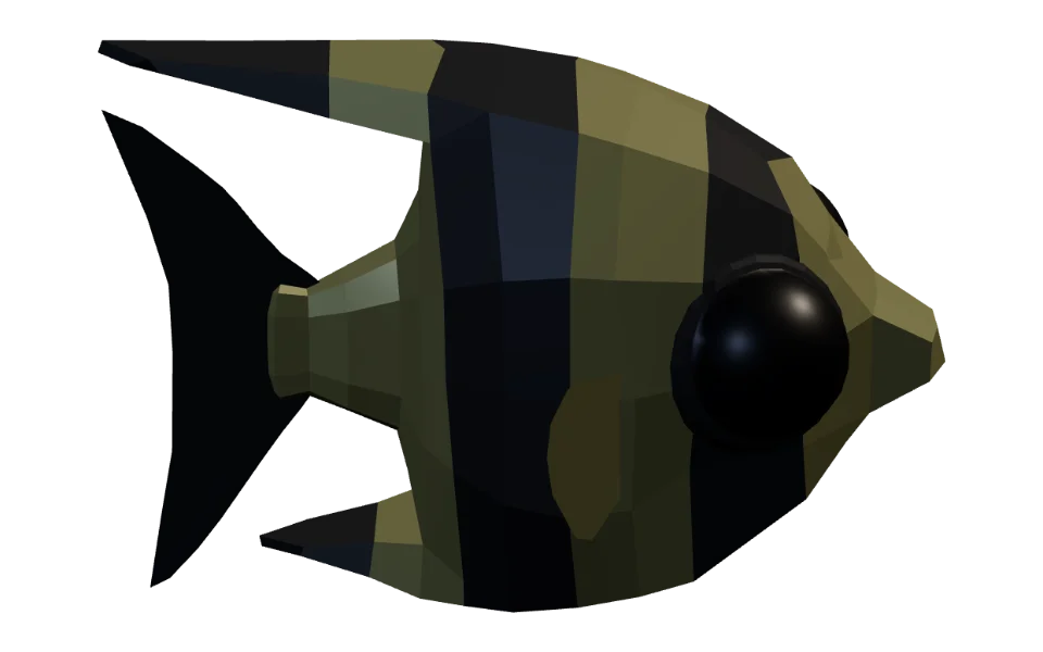 The Moorish Idol in Elderwild Fishing, a low-poly 3D model seen from the side