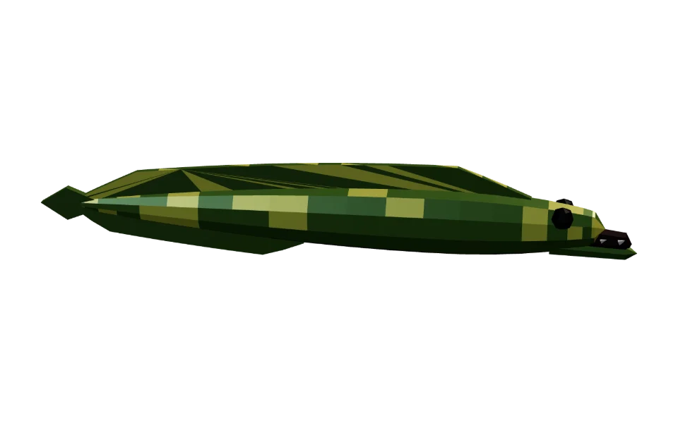 The Moray Eel in Elderwild Fishing, a low-poly 3D model seen from the side