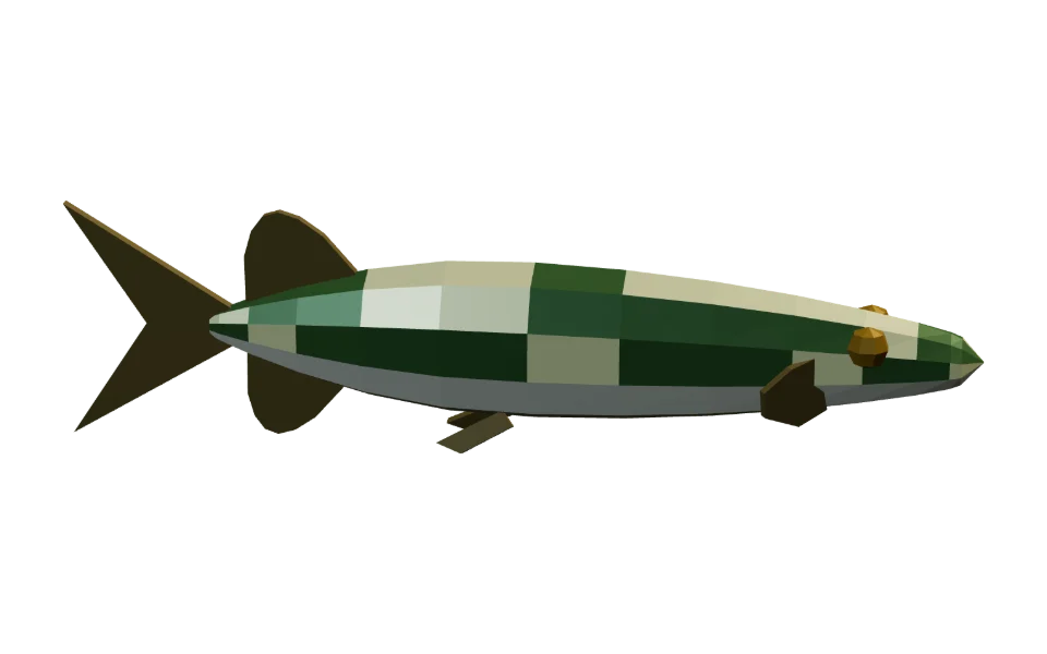 The Northern Pike in Elderwild Fishing, a low-poly 3D model seen from the side