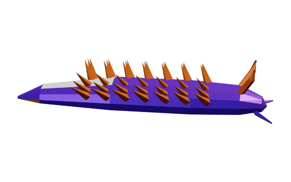 The Nudibranch in Elderwild Fishing, a low-poly 3D model seen from the side