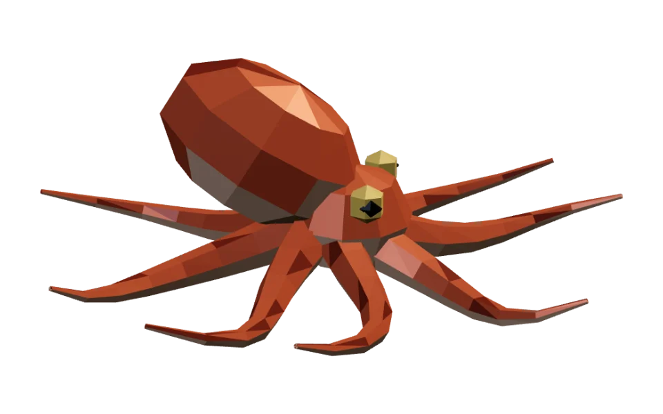 The Octopus in Elderwild Fishing, a low-poly 3D model seen from the side