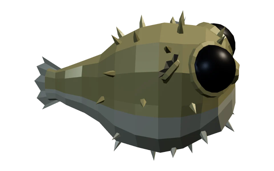 The Pufferfish in Elderwild Fishing, a low-poly 3D model seen from the side