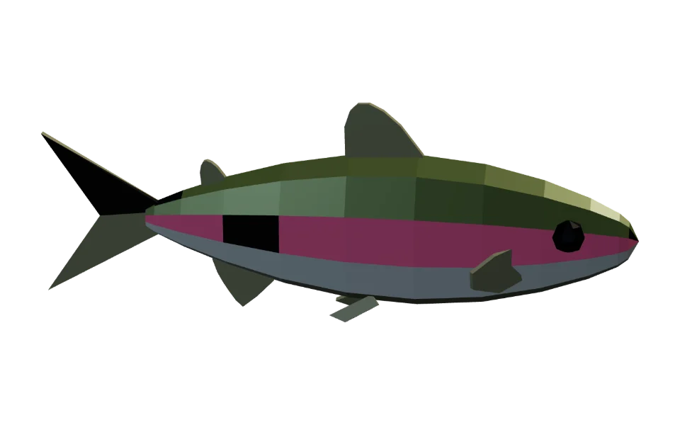 The Rainbow Trout in Elderwild Fishing, a low-poly 3D model seen from the side