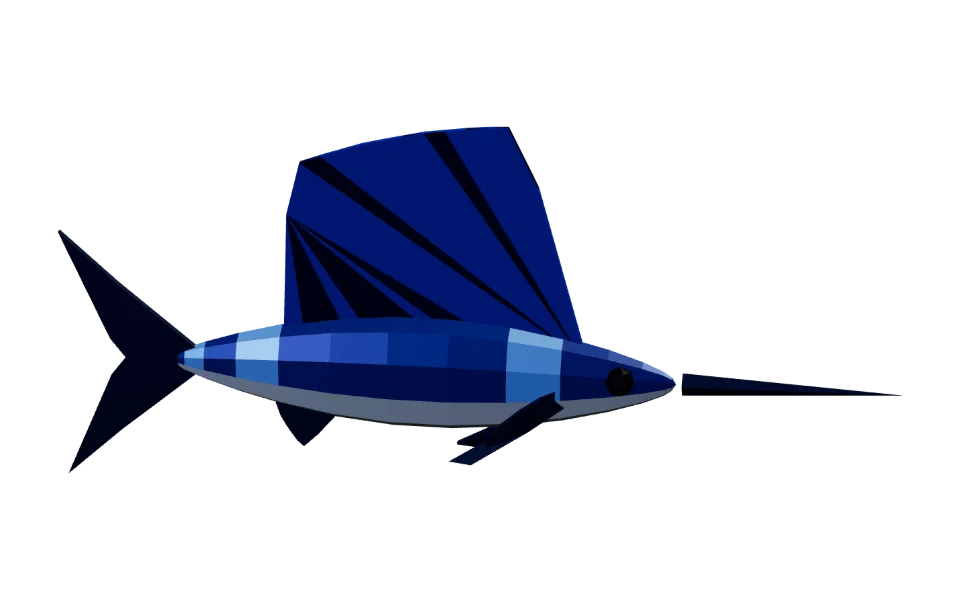 The Sailfish in Elderwild Fishing, a low-poly 3D model seen from the side