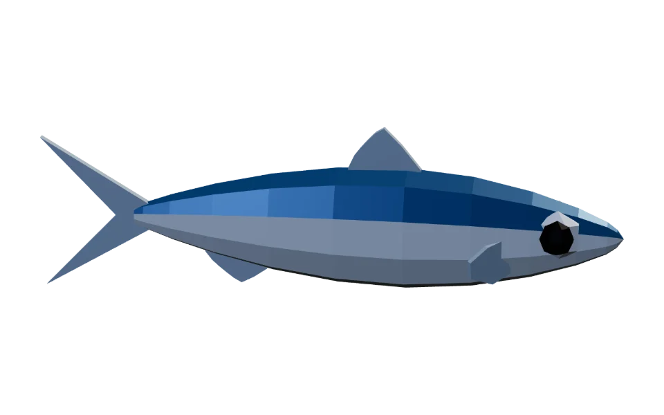 The Sardine in Elderwild Fishing, a low-poly 3D model seen from the side