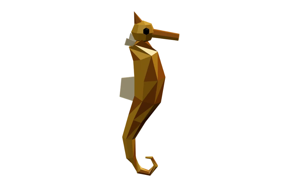The Seahorse in Elderwild Fishing, a low-poly 3D model seen from the side