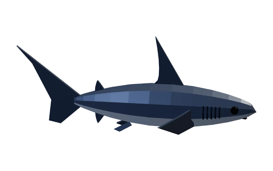 The Shark in Elderwild Fishing, a low-poly 3D model seen from the side