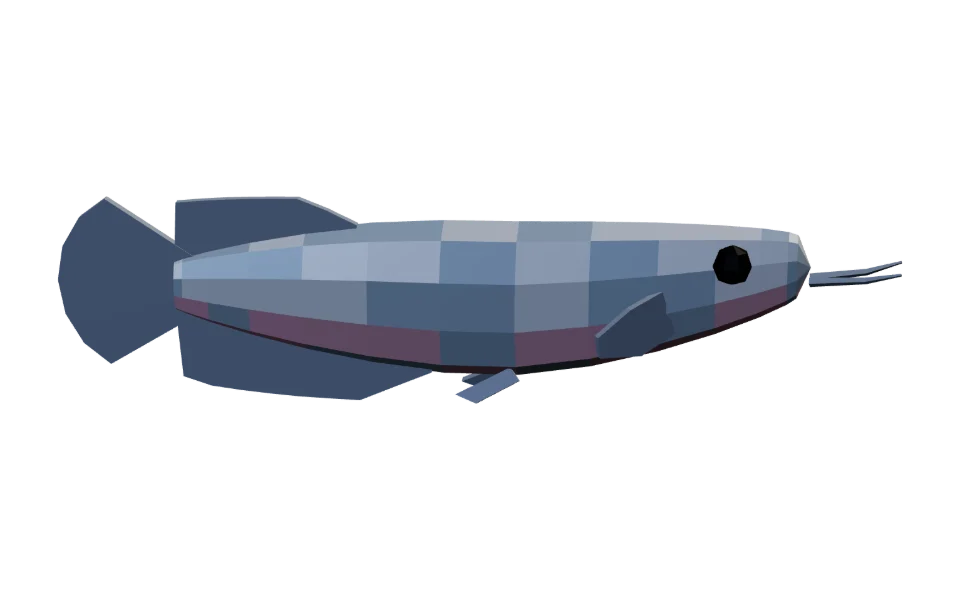 The Silver Arowana in Elderwild Fishing, a low-poly 3D model seen from the side