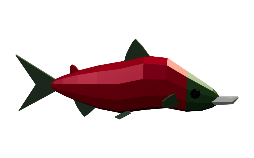 The Sockeye Salmon in Elderwild Fishing, a low-poly 3D model seen from the side
