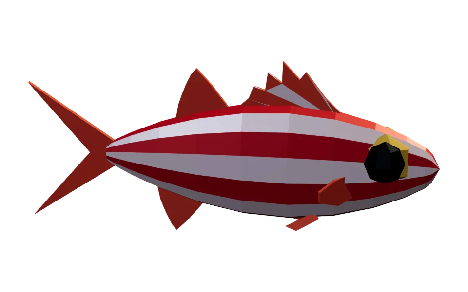 The Squirrelfish in Elderwild Fishing, a low-poly 3D model seen from the side