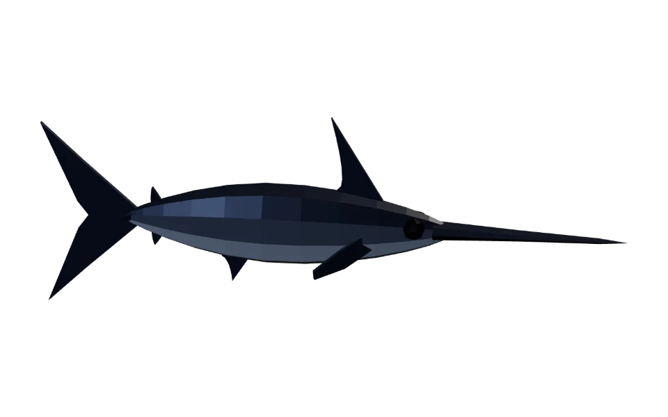 The Swordfish in Elderwild Fishing, a low-poly 3D model seen from the side