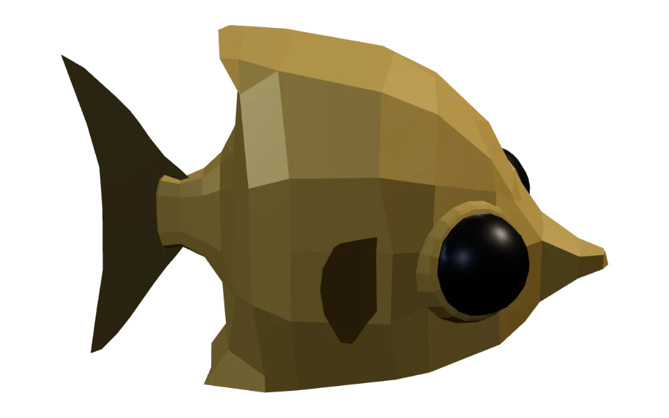 The Yellow Tang in Elderwild Fishing, a low-poly 3D model seen from the side