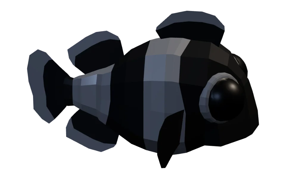 The Zebra Clownfish in Elderwild Fishing, a low-poly 3D model seen from the side