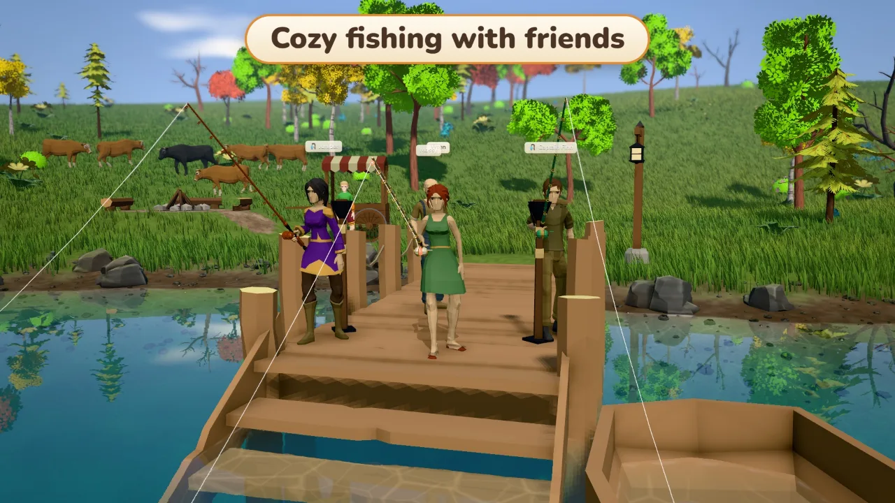 Four friends fishing from a wooden dock on a sunny day, with cows grazing behind them
