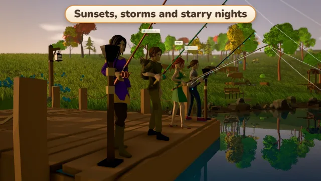 Four friends fishing side by side from a dock at golden hour, with cows grazing behind them